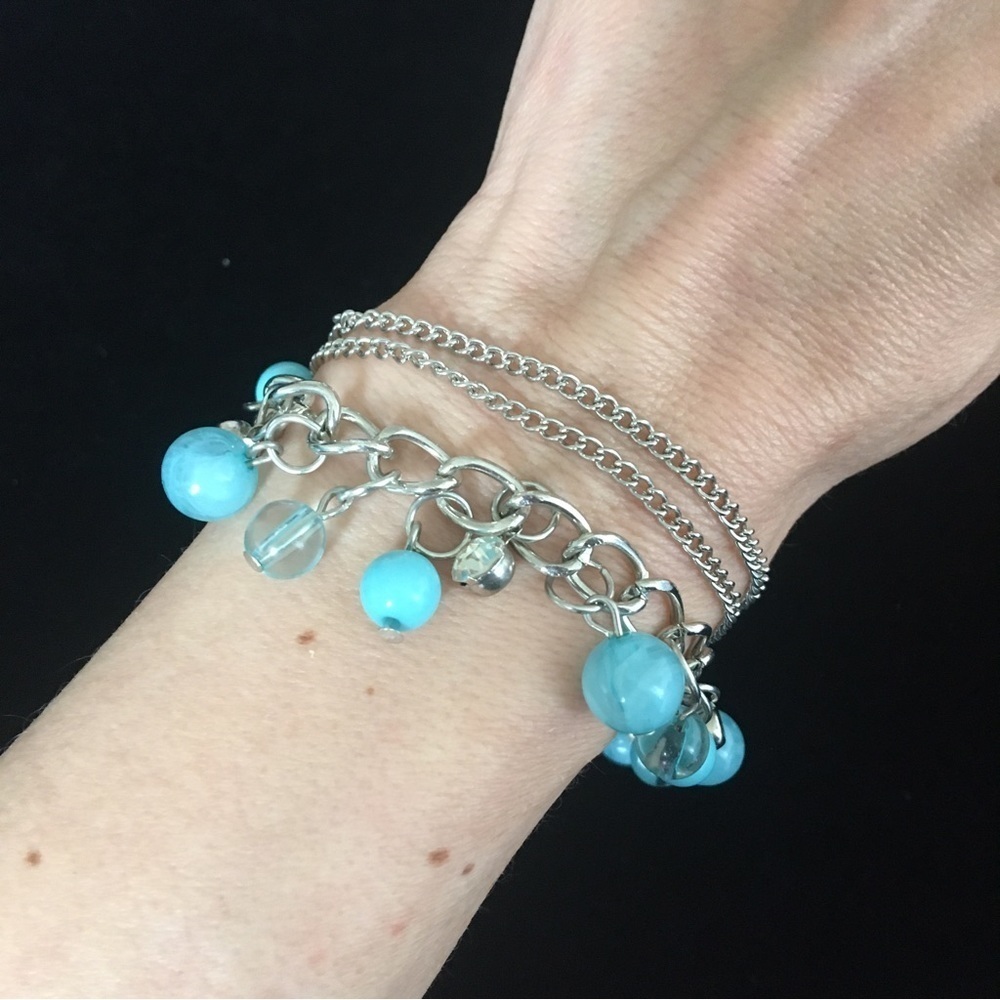 Blue Beaded Silver Tone Layered Chain Bracelet